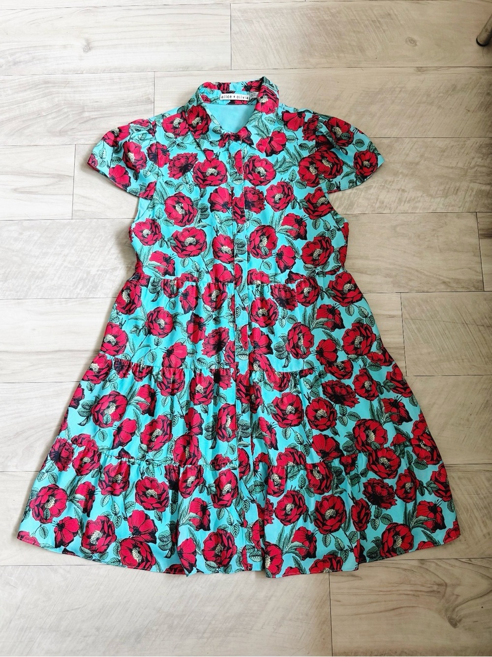 Alice + Olivia Aqua Dress with Red Floral Print